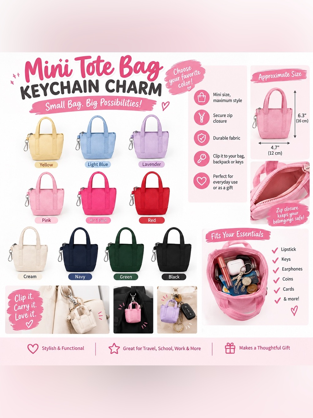 Mini Tote Bag Keychain Charm - CHOOSE ONE
